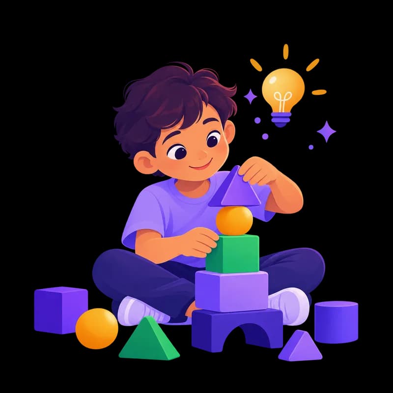 A focused boy stacking colorful blocks with a lit light bulb above his head