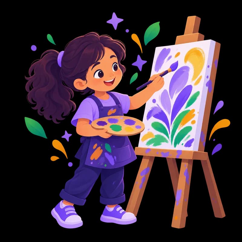 A girl painting flowers on an easel holding a color palette
