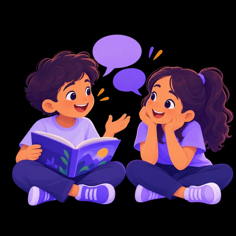 Two children talking and laughing over an open picture book