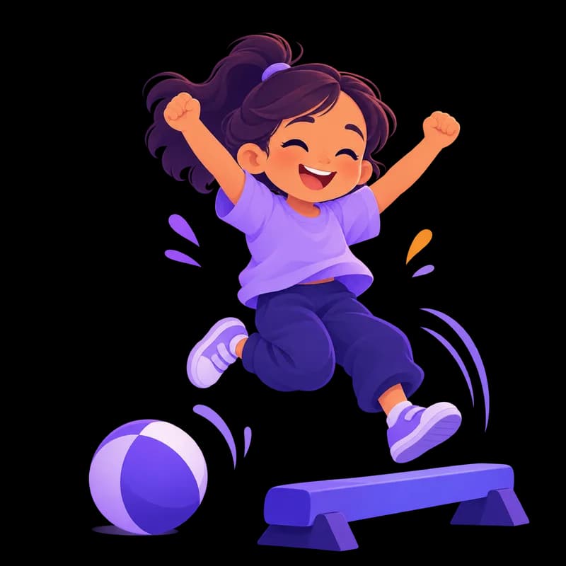 A girl jumping joyfully next to a ball and a balance beam