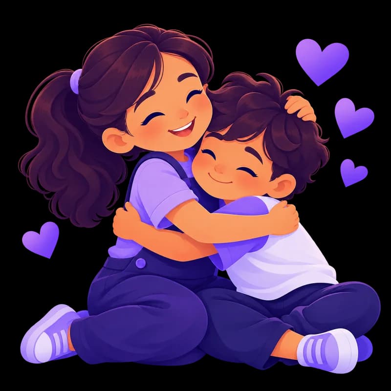 Two children hugging and smiling surrounded by hearts
