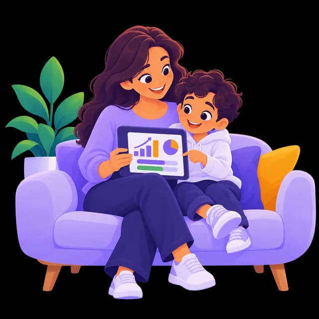 A mother and her son on a sofa looking at progress on a tablet