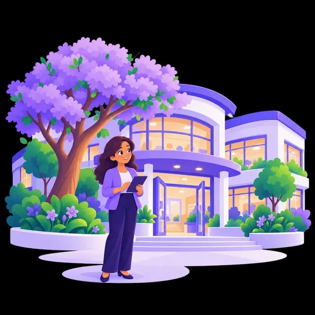 A principal holding a tablet in front of a modern school with a lavender-blossom tree