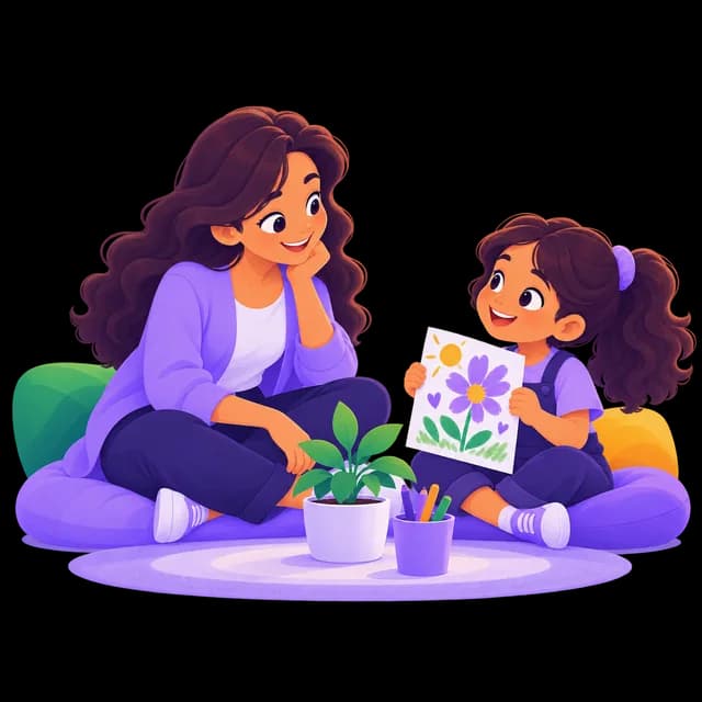 A specialist sitting at a girl's eye level while she shows her drawing
