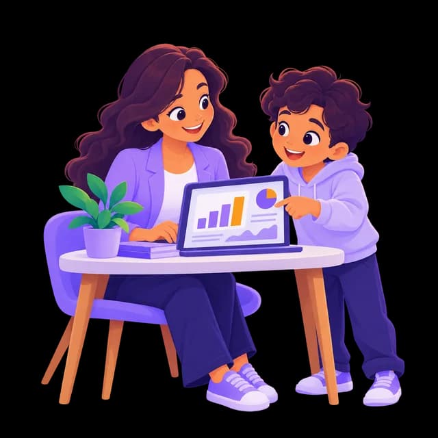 A teacher at a desk reviewing charts on a laptop next to a student