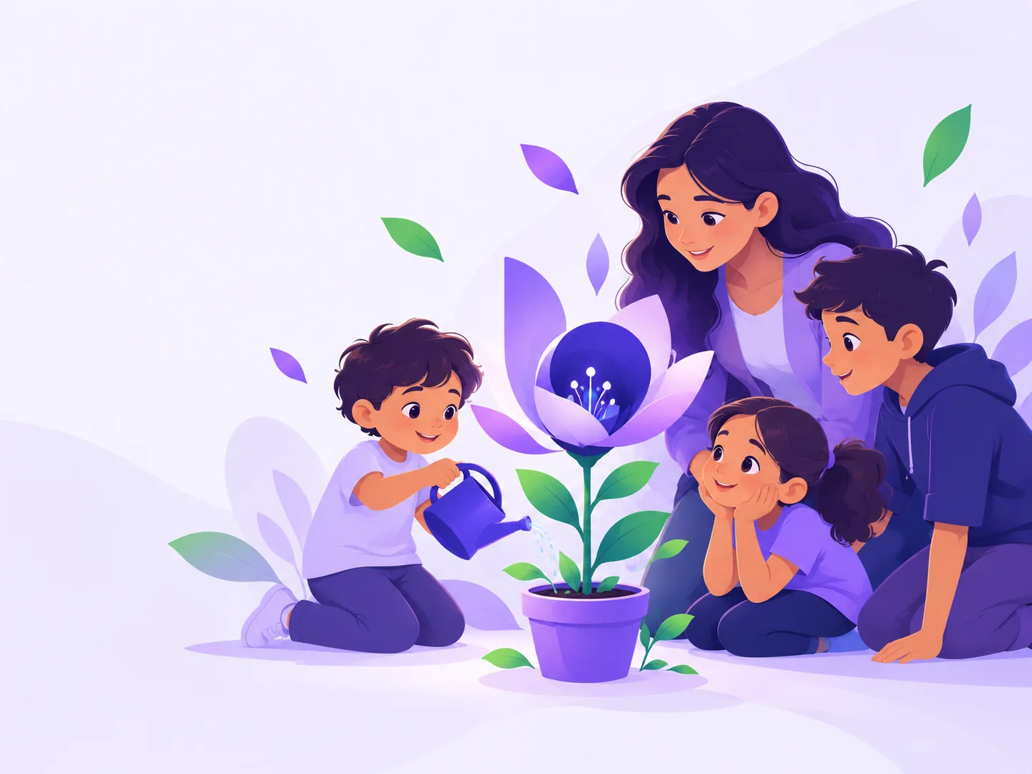 A teacher and three children water and look at a large lavender flower growing in a pot
