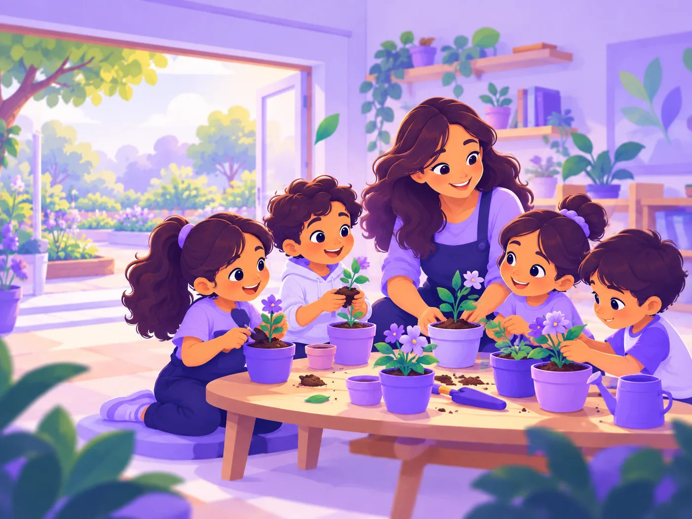 A teacher and a group of children planting seeds in pots in a classroom that opens onto a garden