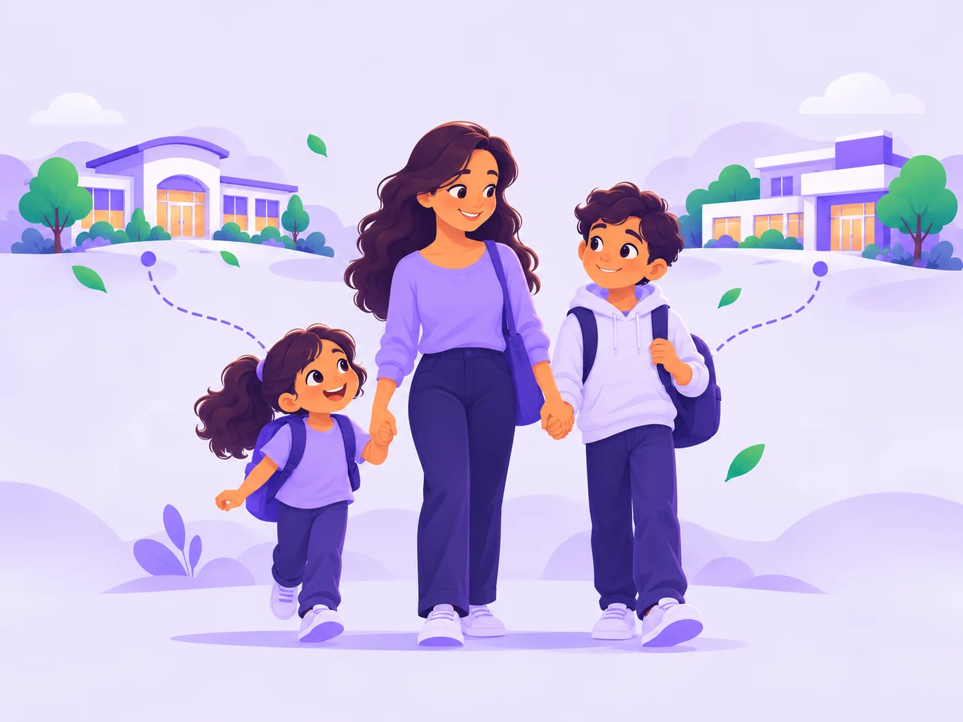 A mother walks hand in hand with her two children, connected by paths to two different schools